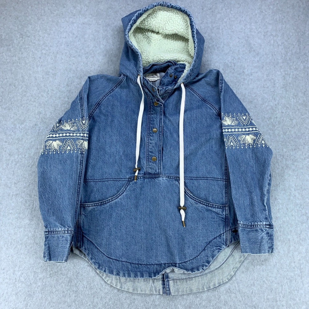 O'Neill Denim Pullover Hoodie Women's XS Blue Sherpa Hood Embroidered Sleeve